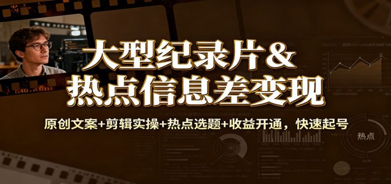 大型纪录片&热点信息差变现:原创文案+剪辑实操+热点选题+收益开通,快速起号祝你网-副业赚钱-互联网创业-资源整合祝你网