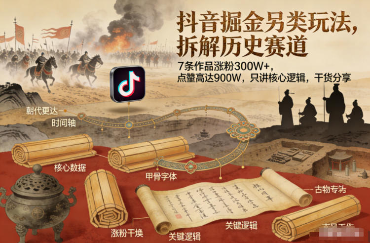 抖音掘金另类玩法，拆解历史赛道，7条作品涨粉300W+，点赞量高达900W，只讲核心逻辑，干货分享祝你网-副业赚钱-互联网创业-资源整合祝你网