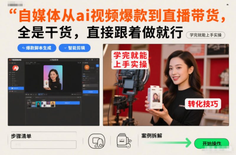 自媒体从ai视频爆款到直播带货，全是干货，直接跟着做就行，学完就能上手实操祝你网-副业赚钱-互联网创业-资源整合祝你网