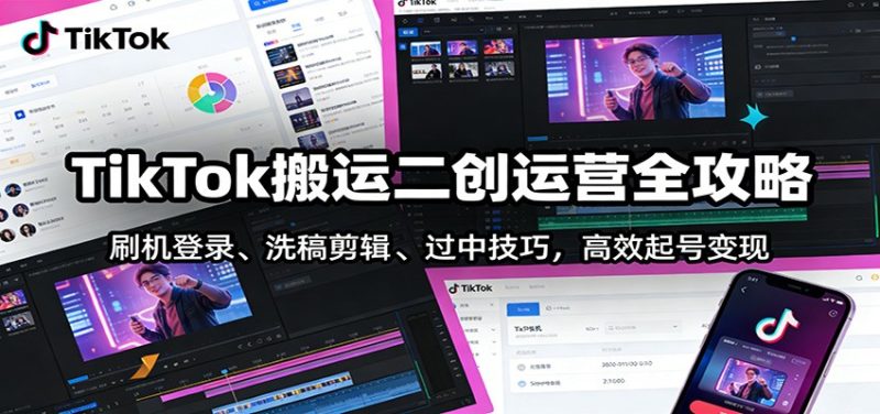 TikTok搬运二创运营全攻略:刷机登录、洗稿剪辑 、过中技巧,高效起号变现祝你网-副业赚钱-互联网创业-资源整合祝你网