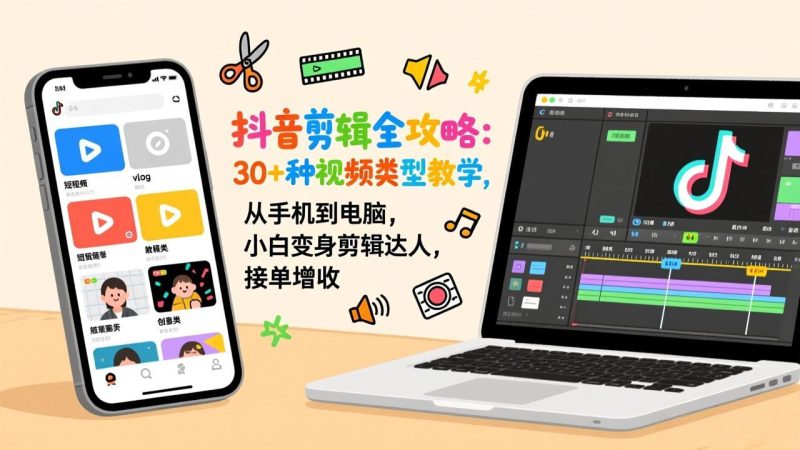 抖音剪辑全攻略：30+种视频类型教学，从手机到电脑，小白变身剪辑达人，接单增收祝你网-副业赚钱-互联网创业-资源整合祝你网