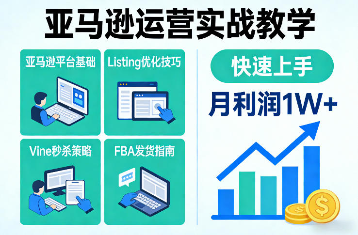 亚马逊运营实战教学，亚马逊平台+Listing优化+Vine秒杀+FBA发货等，快速上手，实现店铺月利润1W祝你网-副业赚钱-互联网创业-资源整合祝你网