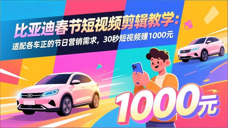 比亚迪春节短视频剪辑教学：适配各车企的节日营销需求，30秒短视频赚1000元祝你网-副业赚钱-互联网创业-资源整合祝你网