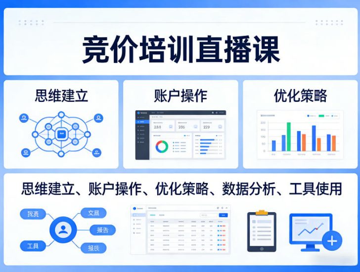 竞价培训直播课,覆盖思维建立、账户操作、优化策略、数据分析、工具使用等,全方位提升效果祝你网-副业赚钱-互联网创业-资源整合祝你网