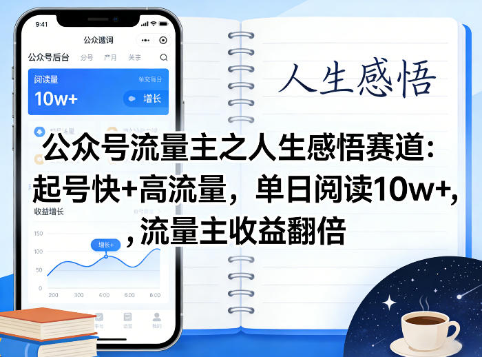 公众号流量主之人生感悟赛道，起号快+高流量，单日阅读10w+，流量主收益翻倍祝你网-副业赚钱-互联网创业-资源整合祝你网