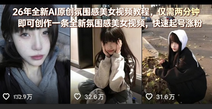 26年全新AI原创氛围感美女视频教程，仅需两分钟即可创作一条全新氛围感美女视频，快速起号涨粉祝你网-副业赚钱-互联网创业-资源整合祝你网
