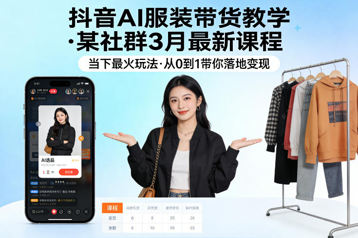 抖音AI服装带货教学,某社群3月最新课程,当下最火玩法,从0到1带你落地变现祝你网-副业赚钱-互联网创业-资源整合祝你网
