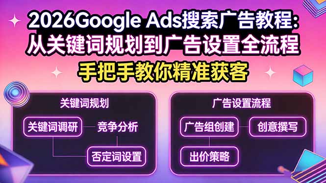 2026Google Ads搜索广告教程：从关键词规划到广告设置全流程，手把手教你精准获客祝你网-副业赚钱-互联网创业-资源整合祝你网