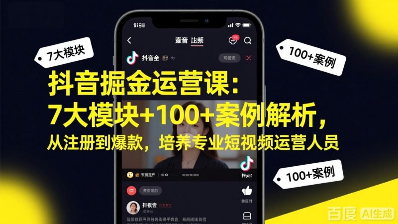 抖音掘金运营课:7大模块+100+案例解析,从注册到爆款,培养专业短视频运营人员祝你网-副业赚钱-互联网创业-资源整合祝你网