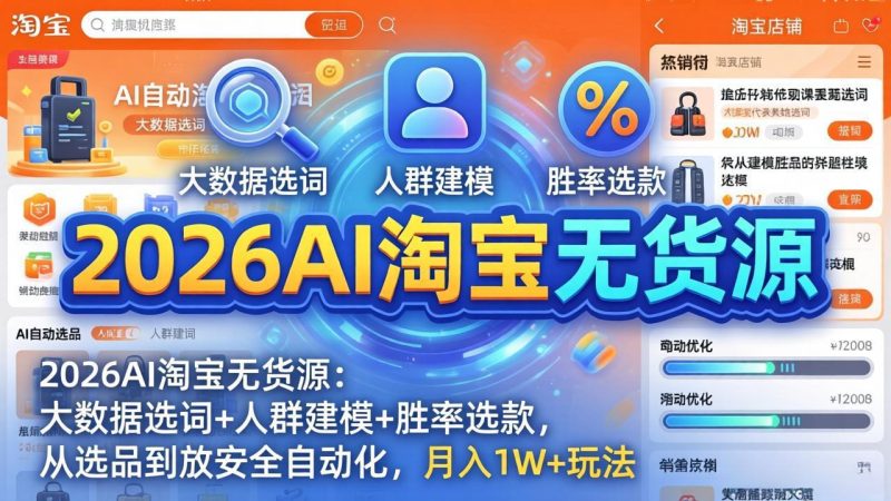 2026AI淘宝无货源：大数据选词+人群建模+胜率选款，从选品到放大全自动化，月入1W+玩法祝你网-副业赚钱-互联网创业-资源整合祝你网