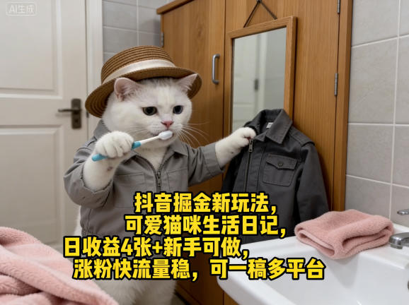 抖音掘金新玩法,可爱猫咪生活日记,日收益4张+新手可做,涨粉快流量稳,可一稿多平台祝你网-副业赚钱-互联网创业-资源整合祝你网
