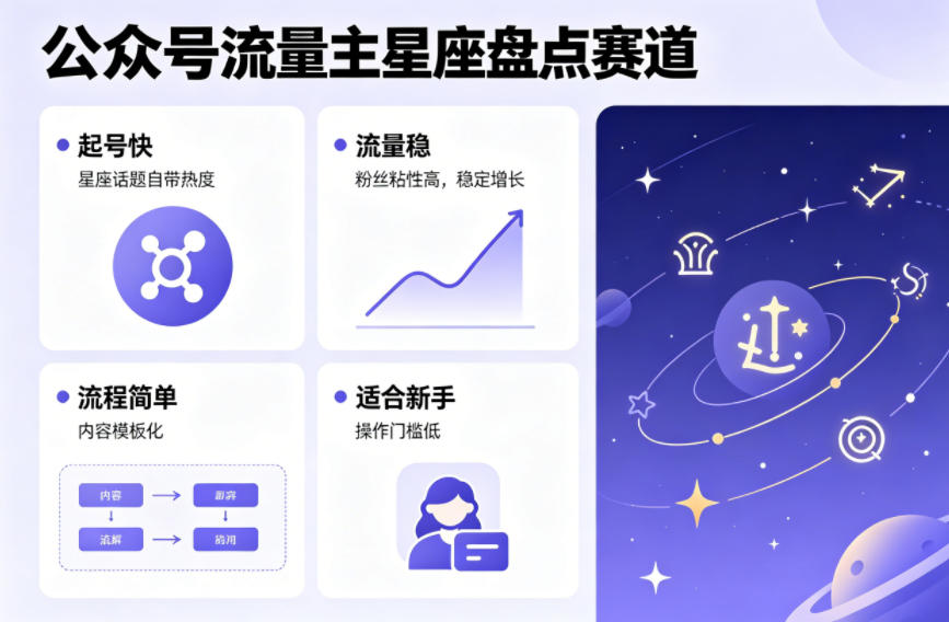 公众号流量主之星座盘点赛道,起号快+流量稳,流程简单,适合新手操作祝你网--专注互联网创业.信息差副业研究拒绝割韭菜祝你网