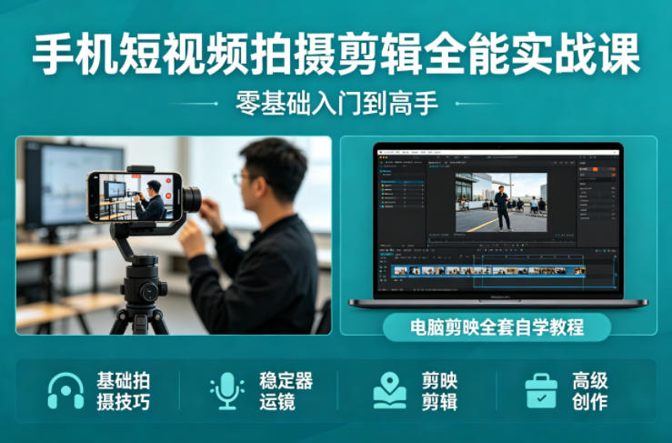 手机短视频拍摄剪辑全能实战课：零基础入门到高手，稳定器运镜+电脑剪映全套自学教程祝你网-副业赚钱-互联网创业-资源整合祝你网