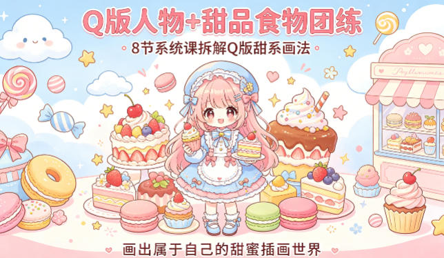 Q版人物+甜品食物团练，8节系统课拆解Q版甜系画法，画出属于自己的甜蜜插画世界祝你网-副业赚钱-互联网创业-资源整合祝你网