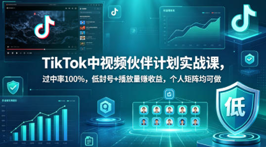 TikTok中视频伙伴计划实战课，过中率100%，低封号+播放量賺收益，个人矩阵均可做祝你网-副业赚钱-互联网创业-资源整合祝你网