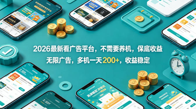 2026最新看广告平台，不需要养机，保底收益，无限广告，多机一天200+，收益稳定祝你网-副业赚钱-互联网创业-资源整合祝你网
