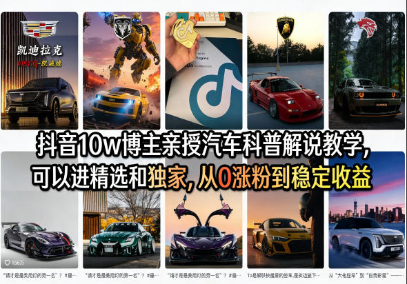 抖音10w博主亲授汽车科普解说教学,可以进精选和独家,从0涨粉到稳定收益(详细视频课程+1T素材)祝你网-副业赚钱-互联网创业-资源整合祝你网