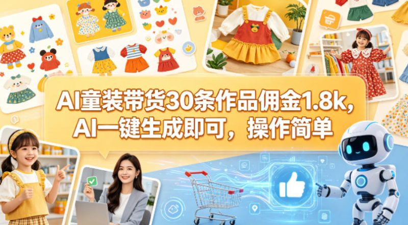 AI童装带货30条作品佣金1.8k，AI一键生成即可，操作简单祝你网-副业赚钱-互联网创业-资源整合祝你网