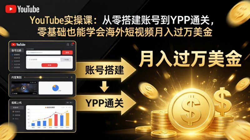 YouTube实操课：从零搭建账号到YPP通关，零基础也能学会海外短视频月入过万美金祝你网-副业赚钱-互联网创业-资源整合祝你网
