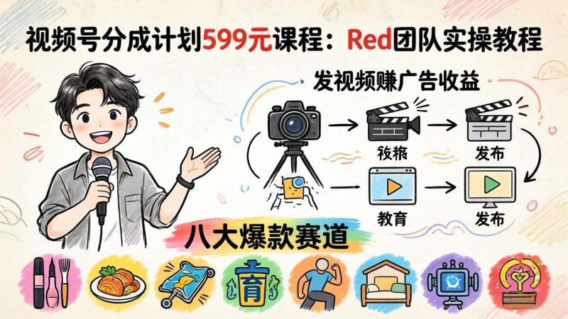 视频号分成计划599元课程：Red团队实操教程，发视频赚广告收益，八大爆款赛道全掌握祝你网-副业赚钱-互联网创业-资源整合祝你网
