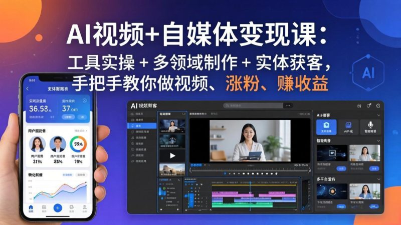 AI视频+自媒体变现课：工具实操 + 多领域制作 + 实体获客，手把手教你做视频、涨粉、赚收益祝你网-副业赚钱-互联网创业-资源整合祝你网