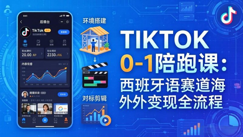 TIKTOK 0-1 陪跑课：从环境搭建到刷对标剪辑，西班牙语赛道海外变现全流程祝你网-副业赚钱-互联网创业-资源整合祝你网