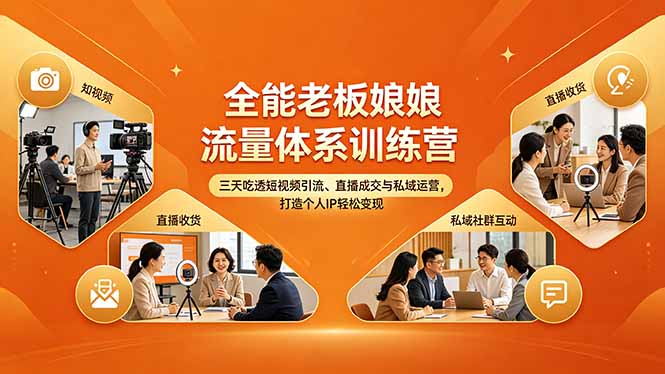 全能老板娘流量体系训练营，三天吃透短视频引流、直播成交与私域运营，打造个人IP轻松变现祝你网-副业赚钱-互联网创业-资源整合祝你网