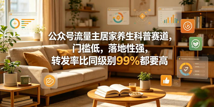 公众号流量主居家养生科普赛道，门槛低，落地性强，转发率比同级别99％都要高祝你网--专注互联网创业.信息差副业研究拒绝割韭菜祝你网