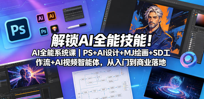 解锁AI全能技能！AI全能系统课｜PS+AI设计+MJ绘画+SD工作流+AI视频智能体，从入门到商业落地祝你网--专注互联网创业.信息差副业研究拒绝割韭菜祝你网