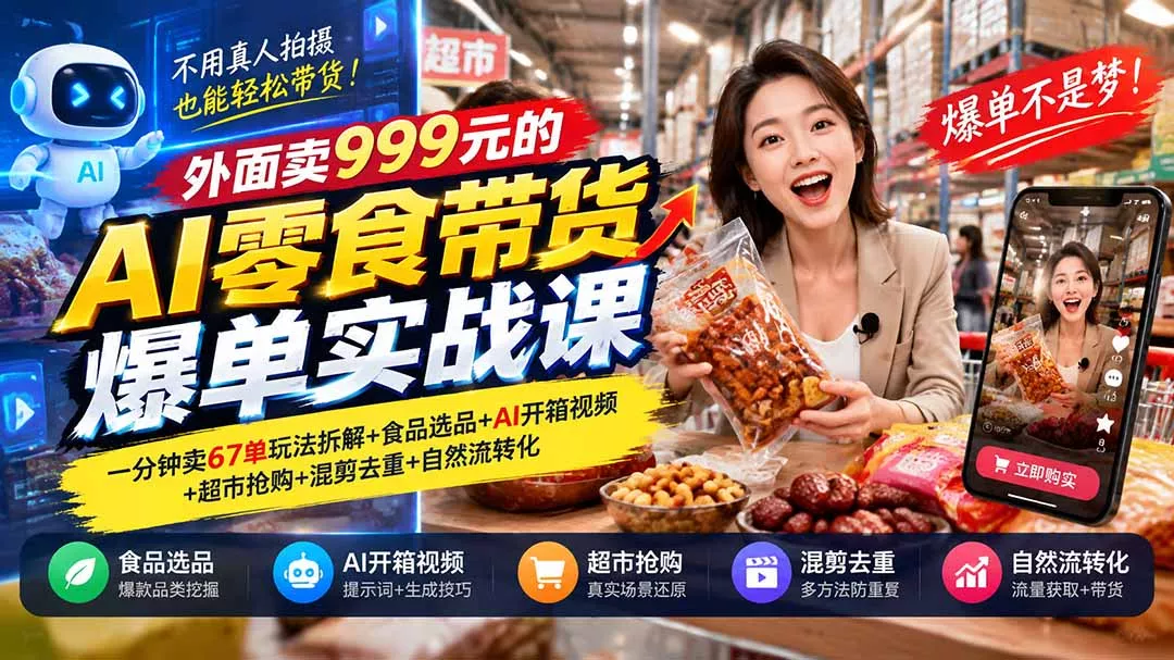 0026b33d1b51b3eb7d0aebc01b1d9ef5.webp 外面卖999元的AI零食带货爆单实战课|一分钟卖67单玩法拆解+食品选品+AI开箱视频+超市抢购+混剪去重+自然流转化