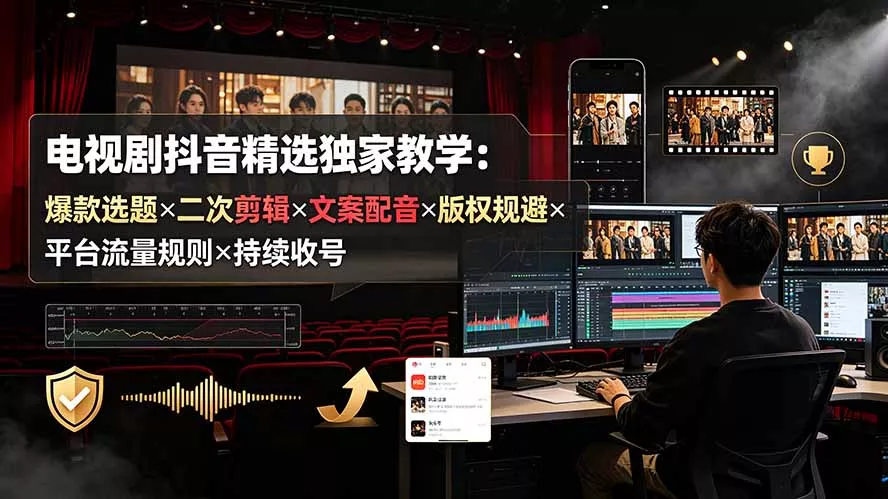 电视剧抖音精选独家教学:爆款选题×二次剪辑×文案配音×版权规避×平台流量规则×持续收益账号祝你网--专注互联网创业.信息差副业研究拒绝割韭菜祝你网