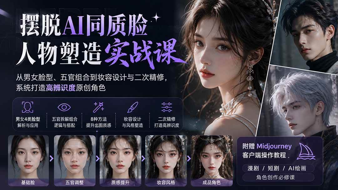 00b5f387ab2b9fe8a15b991c93437b06.jpeg (20006期)摆脱AI同质脸人物塑造实战课:从男女脸型、五官组合到妆容设计与二次精修,系统打造高辨识度原创角色