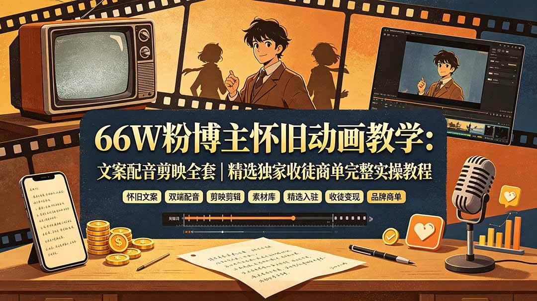 (19499期)66W粉博主怀旧动画教学:文案配音剪映全套|精选独家收徒商单完整实操教程祝你网--专注互联网创业.信息差副业研究拒绝割韭菜祝你网