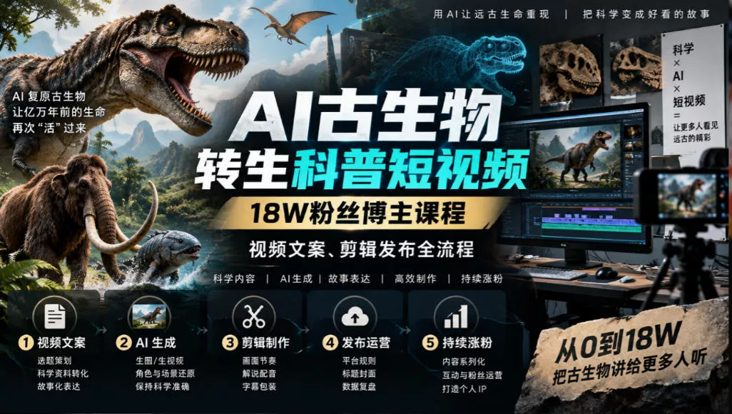 AI古生物转生科普短视频，18W粉丝博主课程，视频文案、剪辑发布全流程祝你网--专注互联网创业.信息差副业研究拒绝割韭菜祝你网