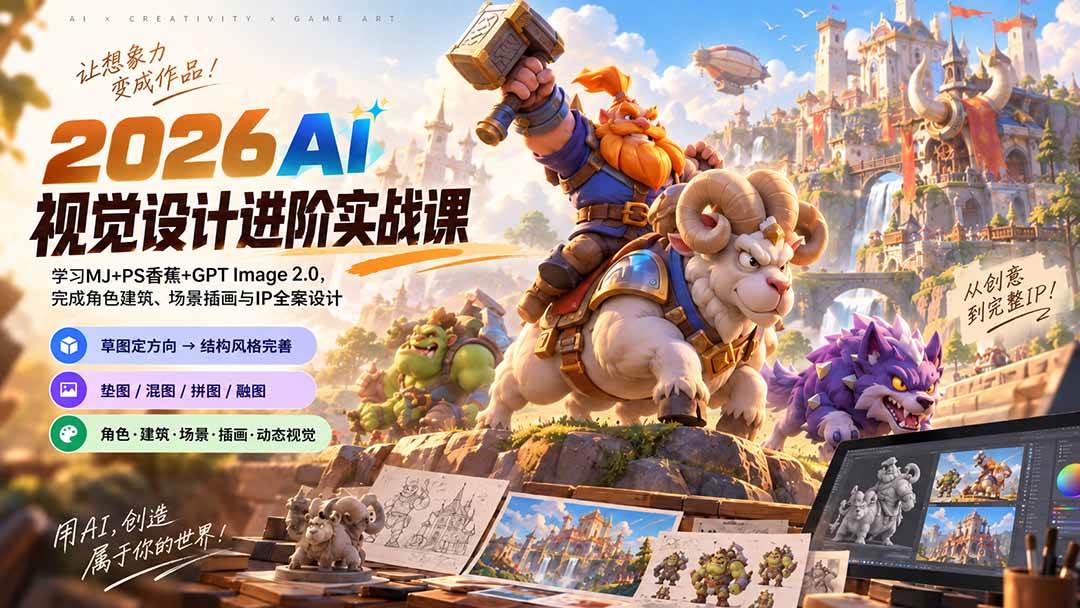 0215cdd985e0d5478d786dabaae8c8de.jpeg (20424期)2026AI视觉设计进阶实战课-更新:学习MJ+PS香蕉+GPT Image 2.0,完成角色建筑、场景插画与IP全案设计