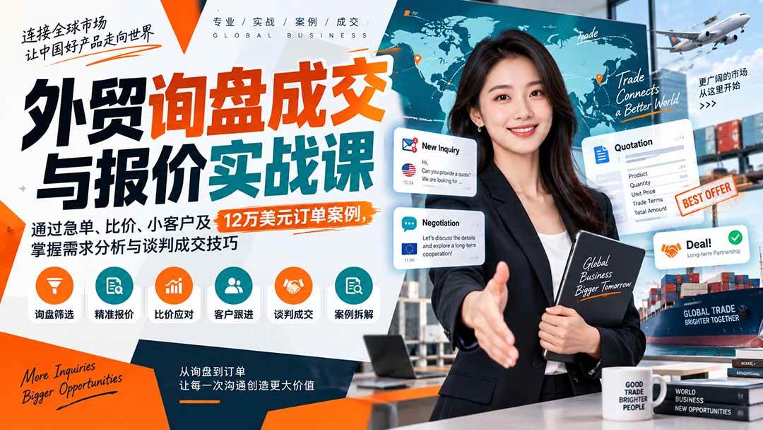 022227545a43a90aa59f78617cf12807.jpeg (20424期)外贸询盘成交与报价实战课:通过急单、比价、小客户及12万美元订单案例,掌握需求分析与谈判成交技巧