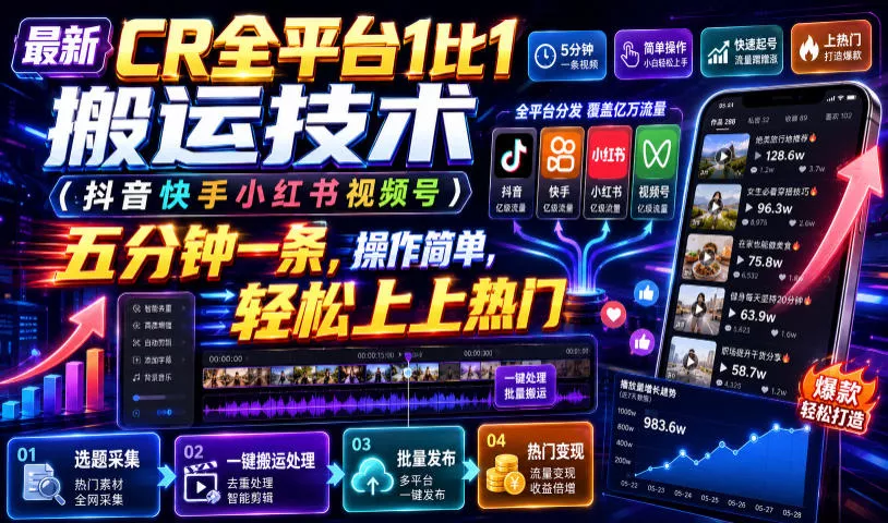 最新CR全平台1比1搬运技术(抖音快手小红书视频号)五分钟分钟一条,操作简单,轻松上热门(教程+软件+参数)祝你网--专注互联网创业.信息差副业研究拒绝割韭菜祝你网