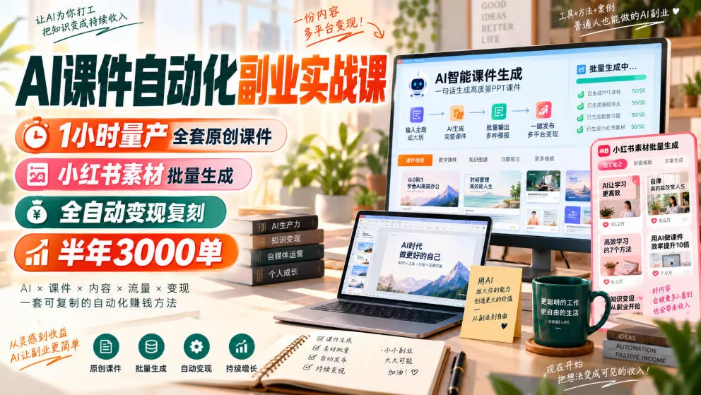AI课件自动化副业实战课,1小时量产全套原创课件,小红书素材批量生成,全自动变现复刻,半年3000单祝你网--专注互联网创业.信息差副业研究拒绝割韭菜祝你网