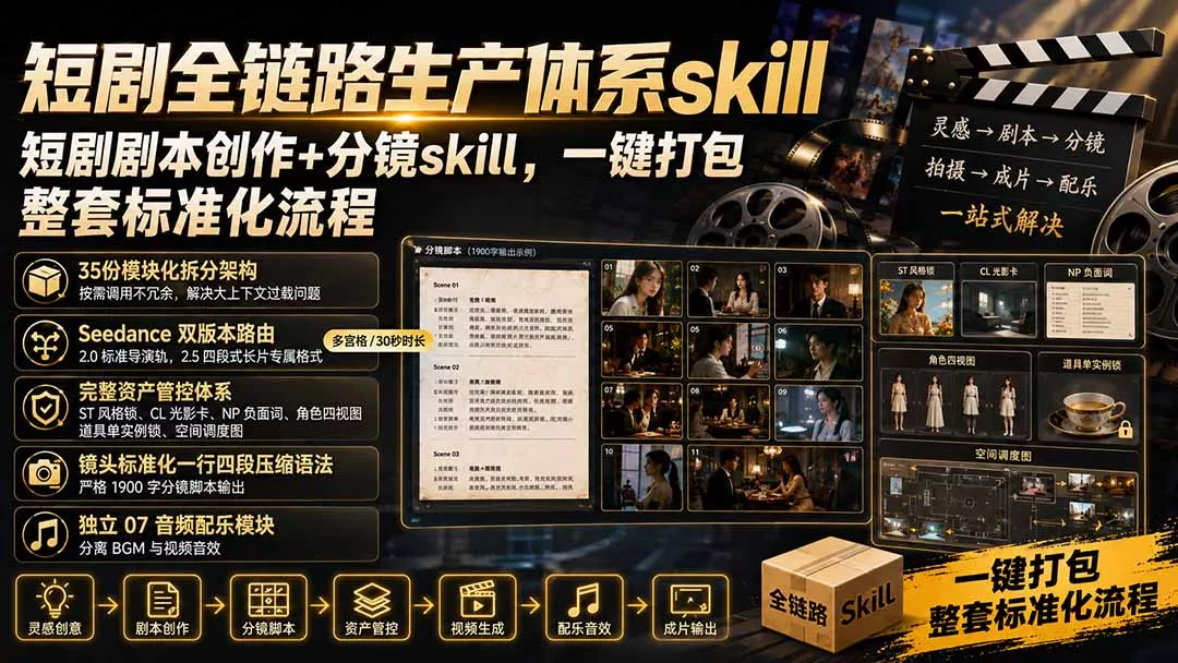 短剧全链路生产体系skill,短剧剧本创作+分镜skill,一键打包,整套标准化流程祝你网--专注互联网创业.信息差副业研究拒绝割韭菜祝你网