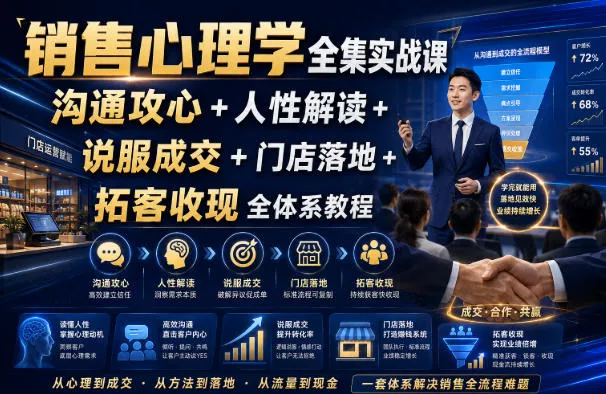 销售心理学全集实战课｜沟通攻心+人性解读+说服成交+门店落地+拓客收现全体系教程祝你网--专注互联网创业.信息差副业研究拒绝割韭菜祝你网