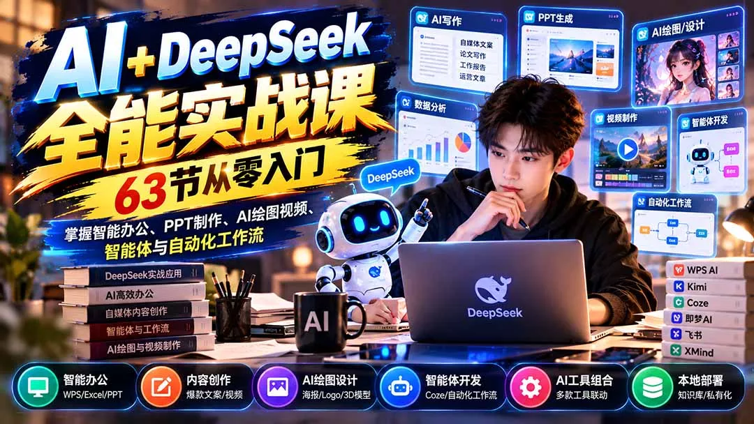 AI+DeepSeek全能实战课：63节从零入门，掌握智能办公、PPT制作、AI绘图视频、智能体与自动化工作流祝你网--专注互联网创业.信息差副业研究拒绝割韭菜祝你网