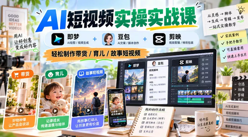 AI短视频实操实战课，即梦+豆包+剪映，轻松制作带货/育儿/故事短视频祝你网--专注互联网创业.信息差副业研究拒绝割韭菜祝你网