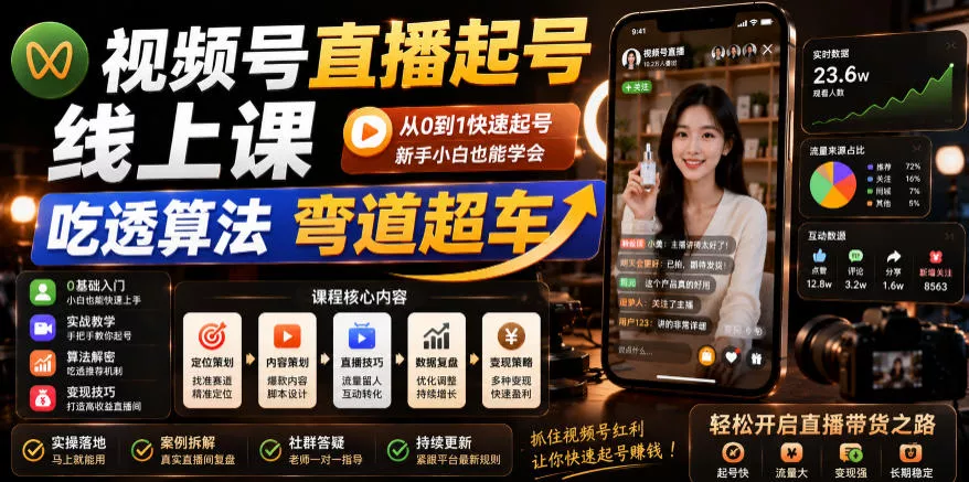 视频号直播起号线上课,吃透算法弯道超车(2026年6月)祝你网--专注互联网创业.信息差副业研究拒绝割韭菜祝你网
