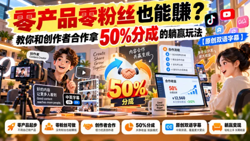 045794b95f6bd02f6caf5eb2db6dc509.webp 【无水印】零产品零粉丝也能賺?教你和创作者合作拿50%分成的躺赢玩法【原创双语字幕】