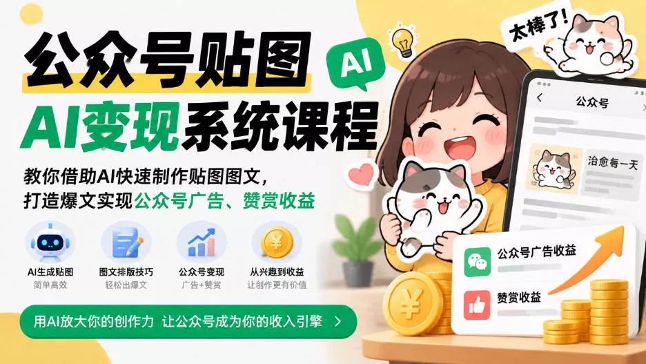 公众号贴图AI变现系统课程|教你借助AI快速制作贴图图文,打造爆文实现公众号广告、赞赏收益祝你网--专注互联网创业.信息差副业研究拒绝割韭菜祝你网