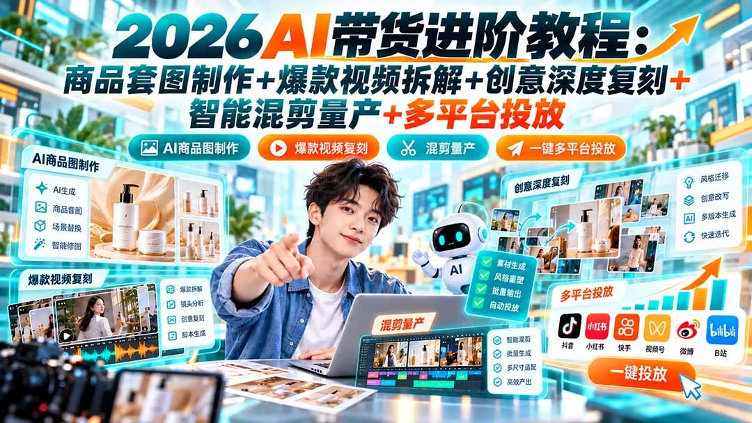 04d9ed3657401fd764481d680783ab91.webp 2026AI带货进阶教程:商品套图制作+爆款视频拆解+创意深度复刻+智能混剪量产+多平台投放