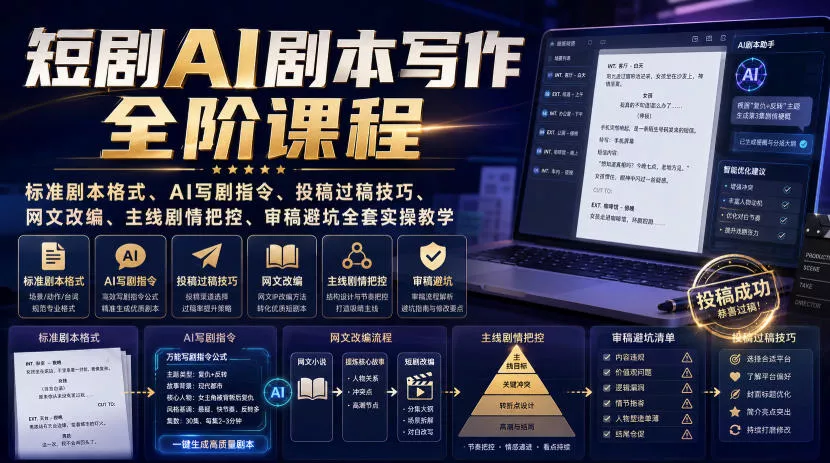 短剧AI剧本写作全阶课程|标准剧本格式、AI写剧指令、投稿过稿技巧、网文改编、主线剧情把控、审稿避坑全套实操教学祝你网--专注互联网创业.信息差副业研究拒绝割韭菜祝你网