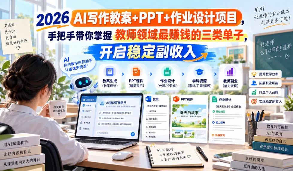 2026 AI写作教案+PPT+作业设计项目,手把手带你掌握教师领域最賺钱的三类单子,开启稳定副收入祝你网--专注互联网创业.信息差副业研究拒绝割韭菜祝你网