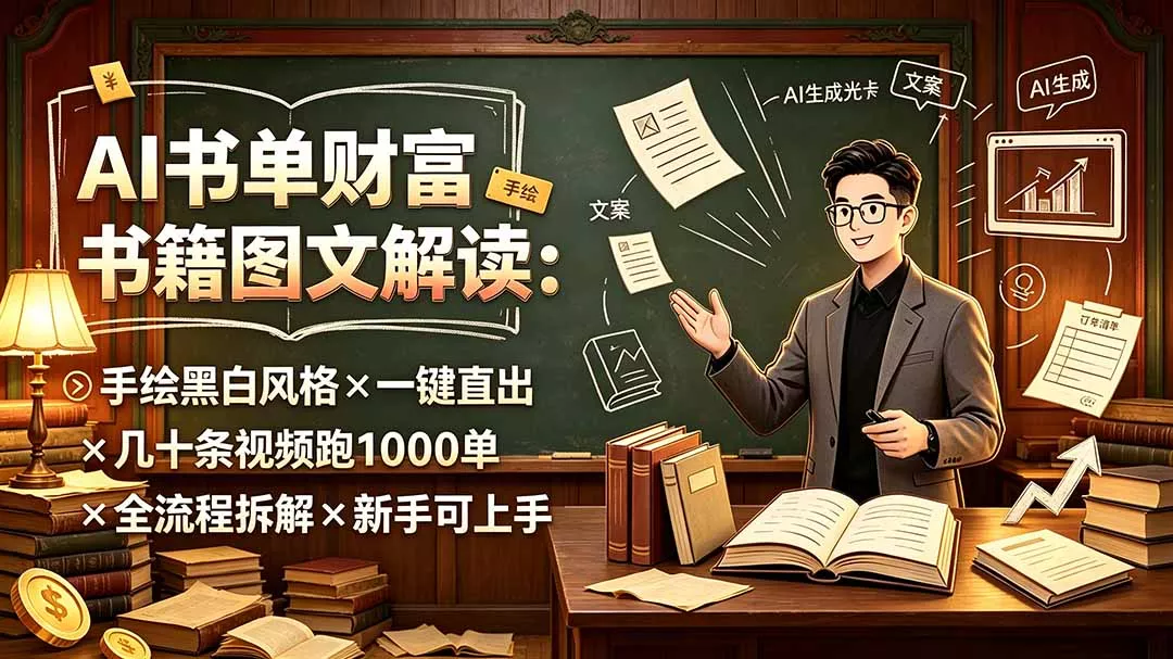 066d895cc7224c0e6cb013b80a964f24.webp AI书单财富书籍图文解读:手绘黑白风格×一键直出×几十条视频跑1000单×全流程拆解×新手可上手