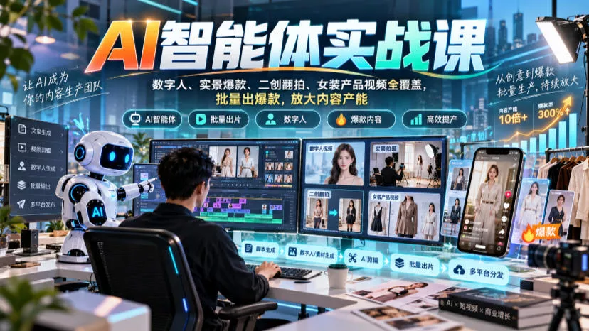 071aa257d1d326cb709b537ebf397e5c.webp AI智能体实战课,数字人、实景爆款、二创翻拍、女装产品视频全覆盖,批量出爆款,放大内容产能